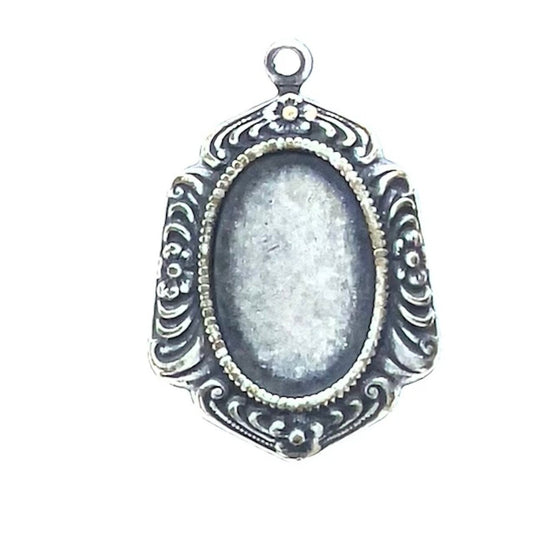 22mm Bridgerton Victorian Frame Bezel Charm for earrings, pendants, 14x10mm oval bezel for stone, classic silver, Made in USA, pack of 6