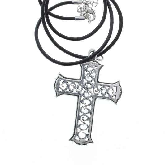Filigree Cross Necklace, Large 52mm, 18" black leather cord, Antique Silver, Each