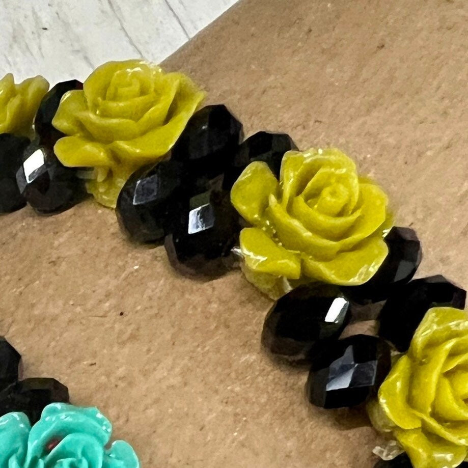3D Roses Black Bracelet, double beaded strand with Crystal beads, Choose black, red, or rainbow multi color, each