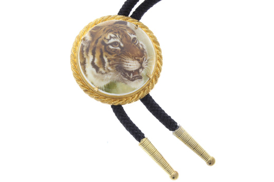 Tiger  Limoges Cameo Bolo Tie, 42mm round ,   in gold setting, sold by each