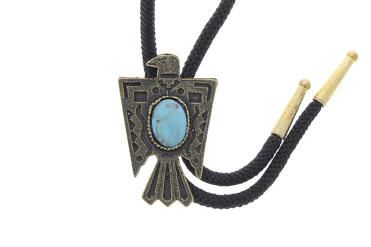 Thunderbird Phoenix Bolo Tie with Turquoise  stone, antique gold, gold tips, Black cord  56mm, Made in USA, Each