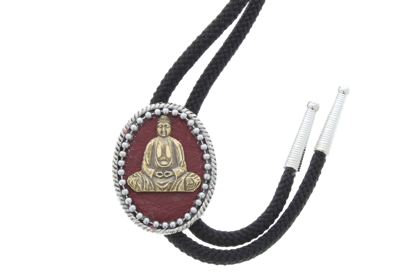 Buddah Bolo Tie with matching tips, antique silver, 36" black or jute cord, Gift Bag, HandMade in USA, Each