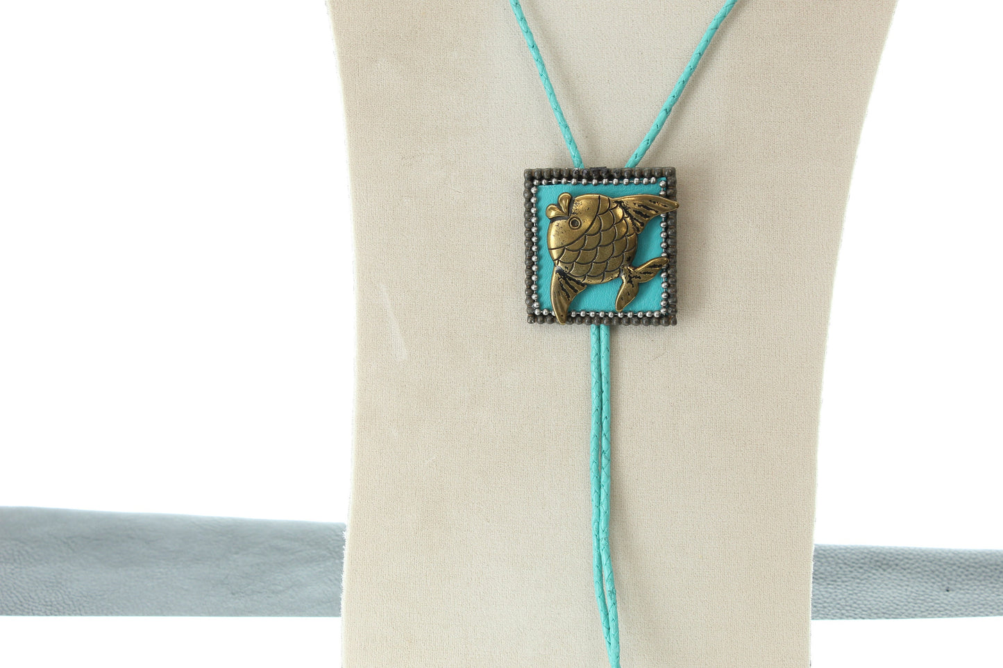 Fish Bolo Tie , antique gold , Turq cord , made in USA, Each