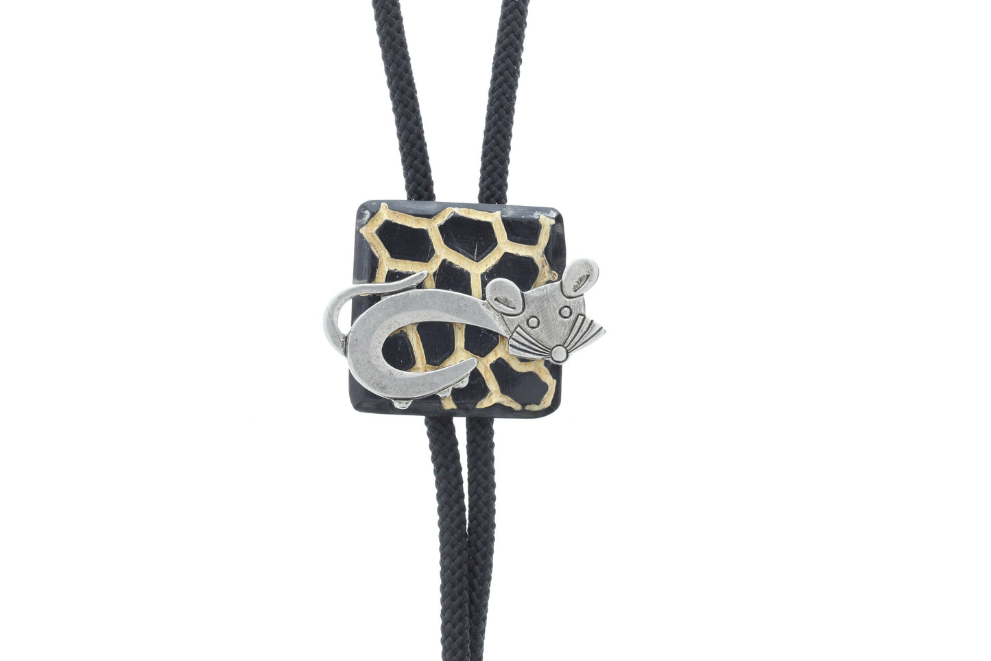 Mouse bolo, silver tips, black cord, made in USA