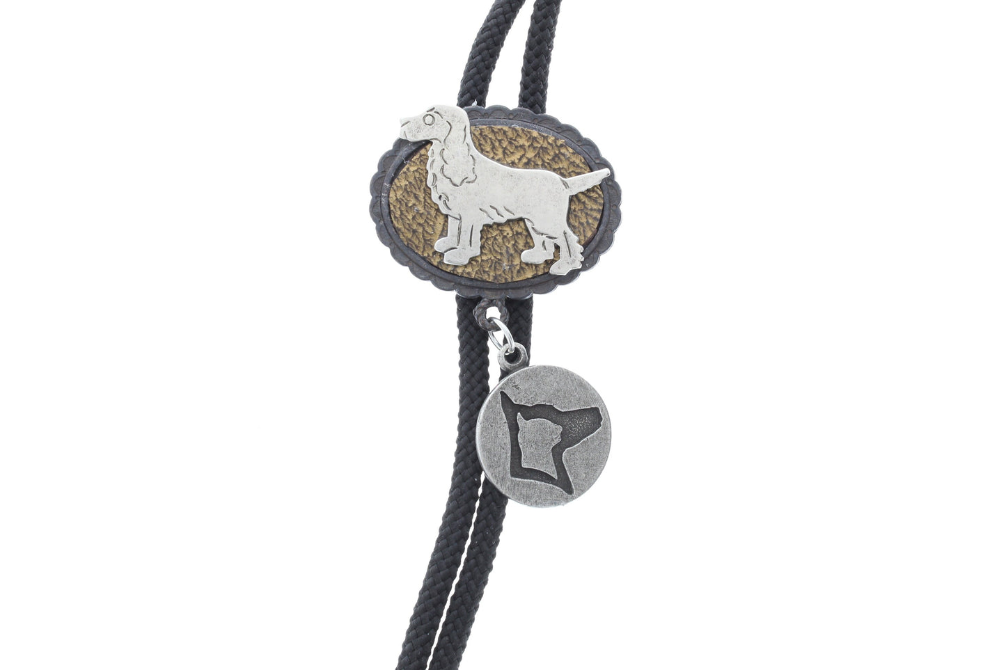 Irish Pointer dog bolo, silver tips, black cord, made in USA