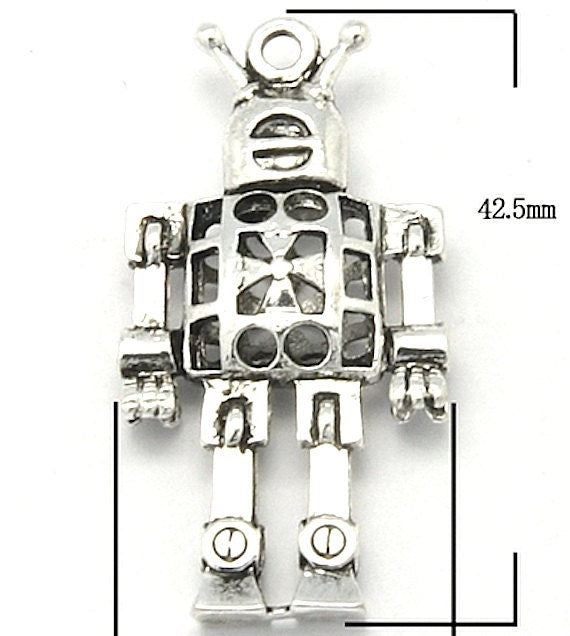Robot Charms with movable arms, Classic Silver, pack of 3