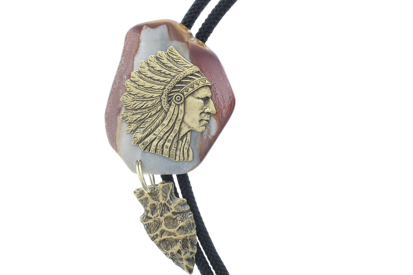 Native American Indian Warrior Chief Bolo Tie, 2" x 2.85 agate back witih arrowhead 36" black, Made in USA