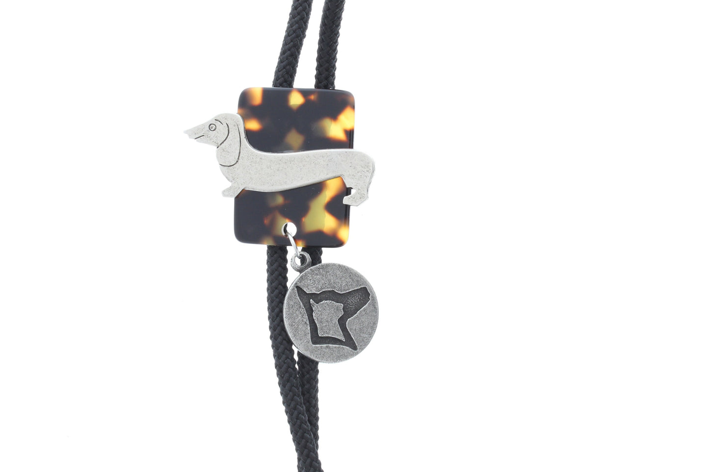 Dachshund dog bolo, silver tips, black cord, made in USA