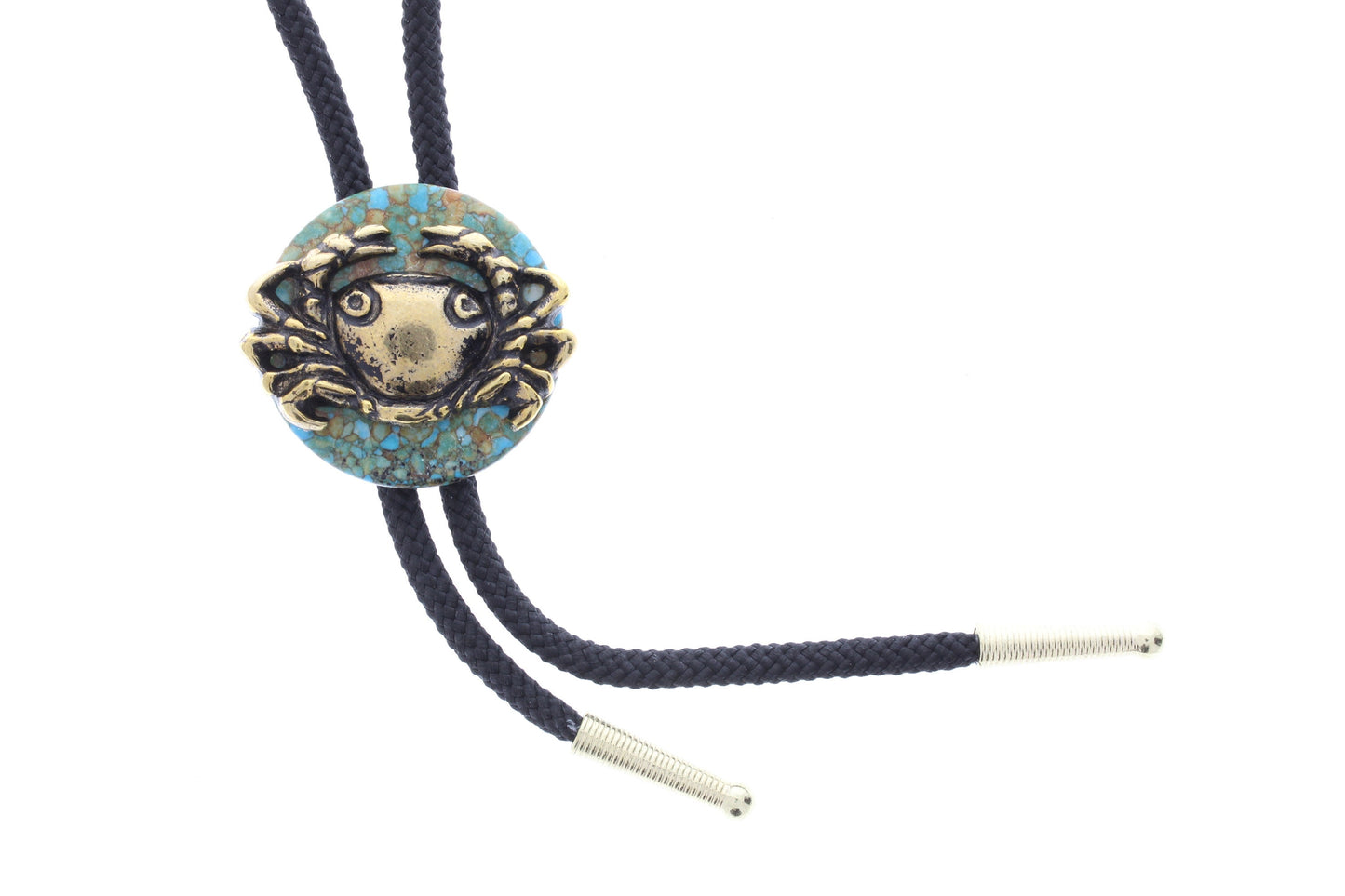 Crab Bolo, antique Gold on Turq Disck 36: cord, made in USA