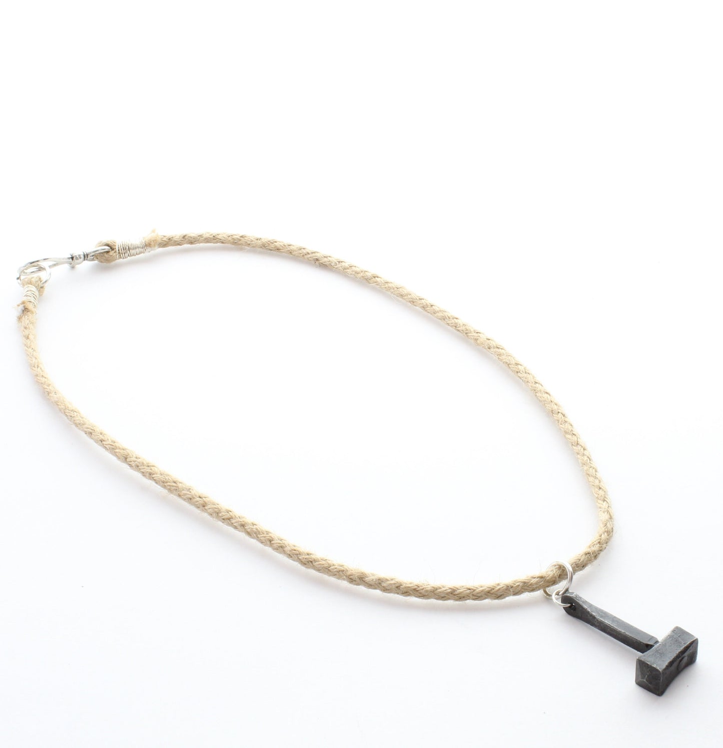Thor's hammer necklace on Jute , S Hook clasp viking style, hand forged hammer, 20"