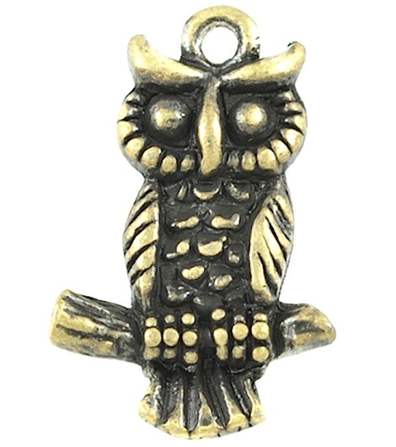 Owl charms, antique gold, 3D, Pack of 12