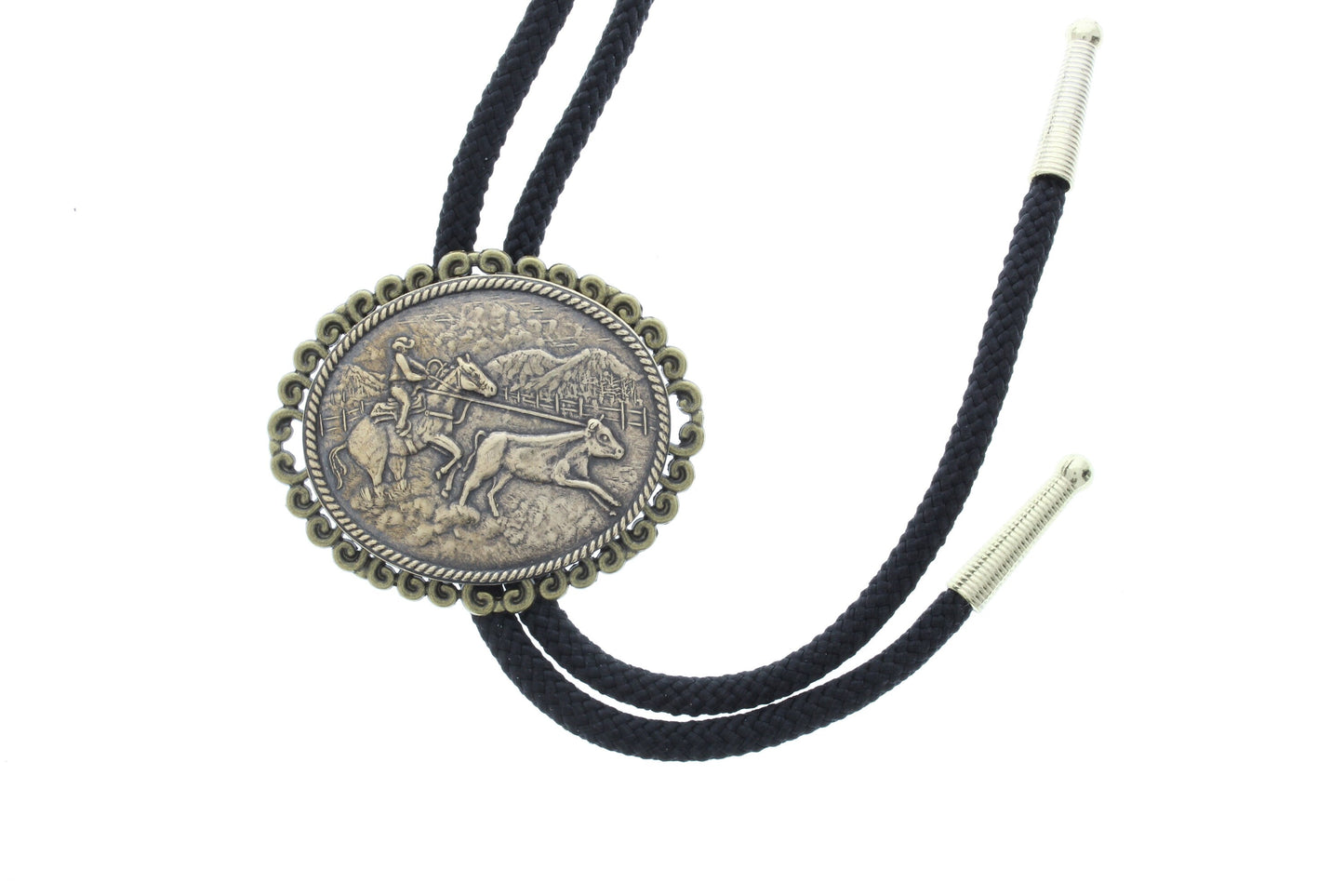 Rodeo Bolo Tie, antique brass, Black or Red 36" cord, made in USA, Each