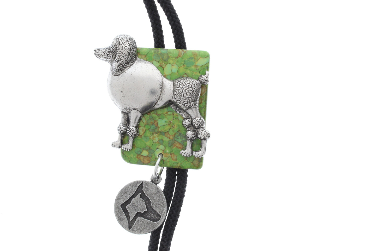 French Poodle Bolo Tie, antique silver , Black or Red 36" cord, made in USA, Each