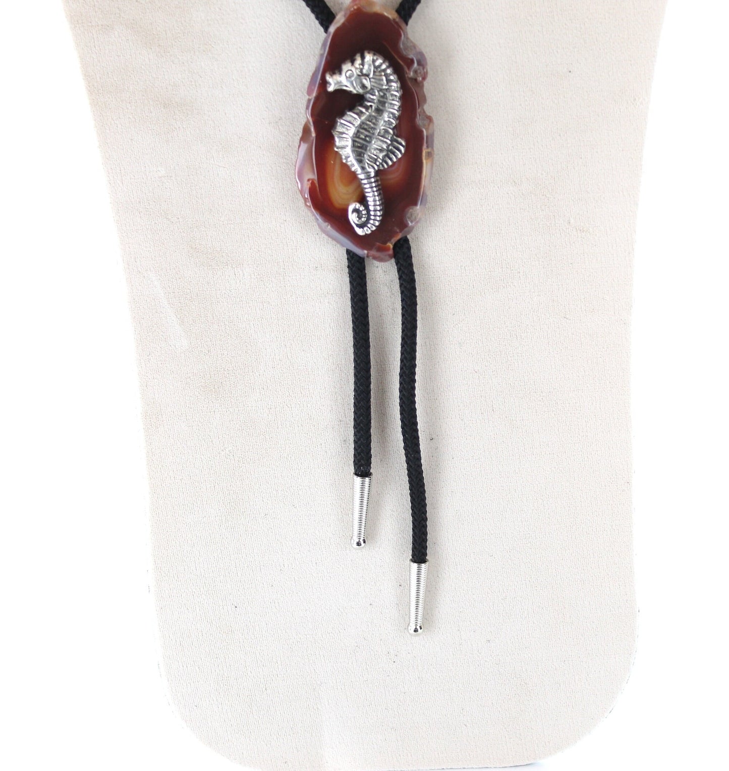 Seahorse Bolo, on agate, black or red 36" cord, made in USA