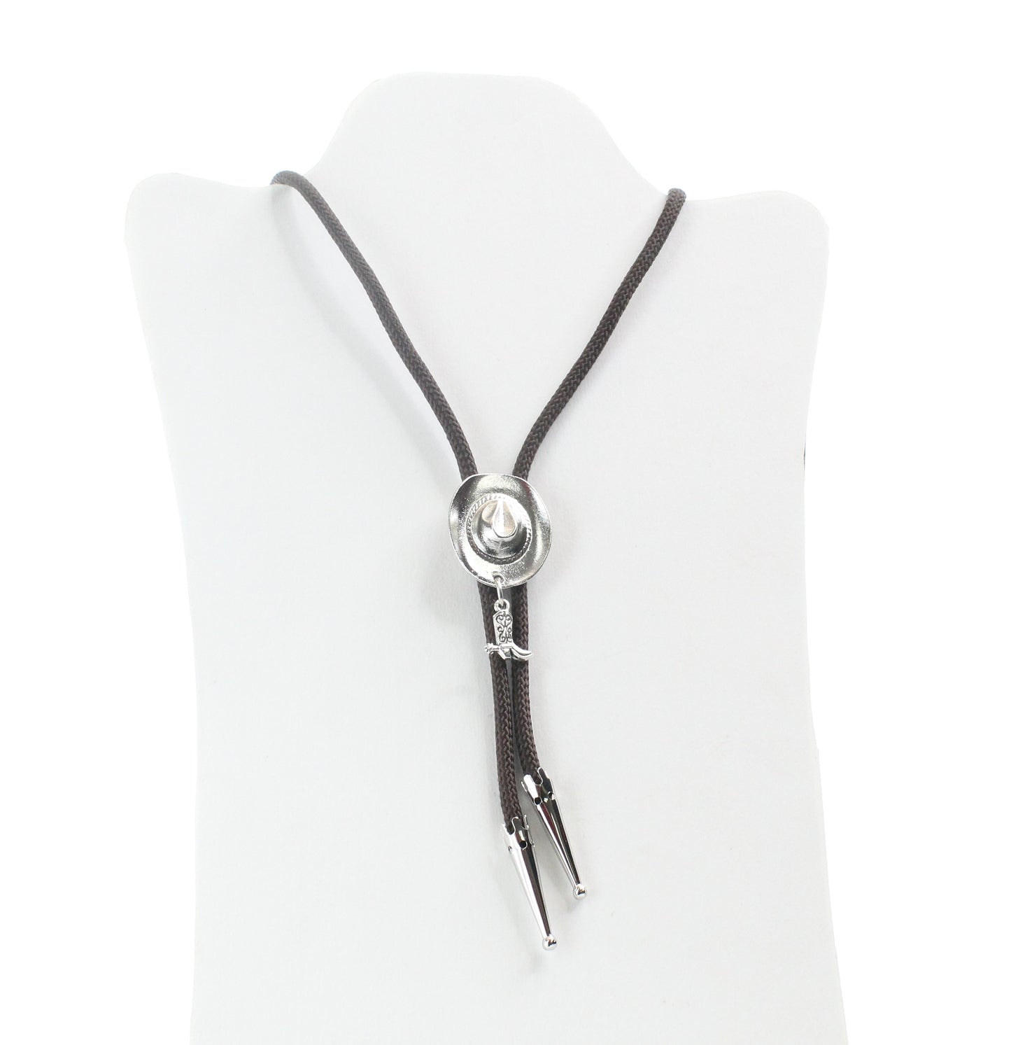 Cowboy Hat Bolo Tie, boot charm , brown Cord, made in USA