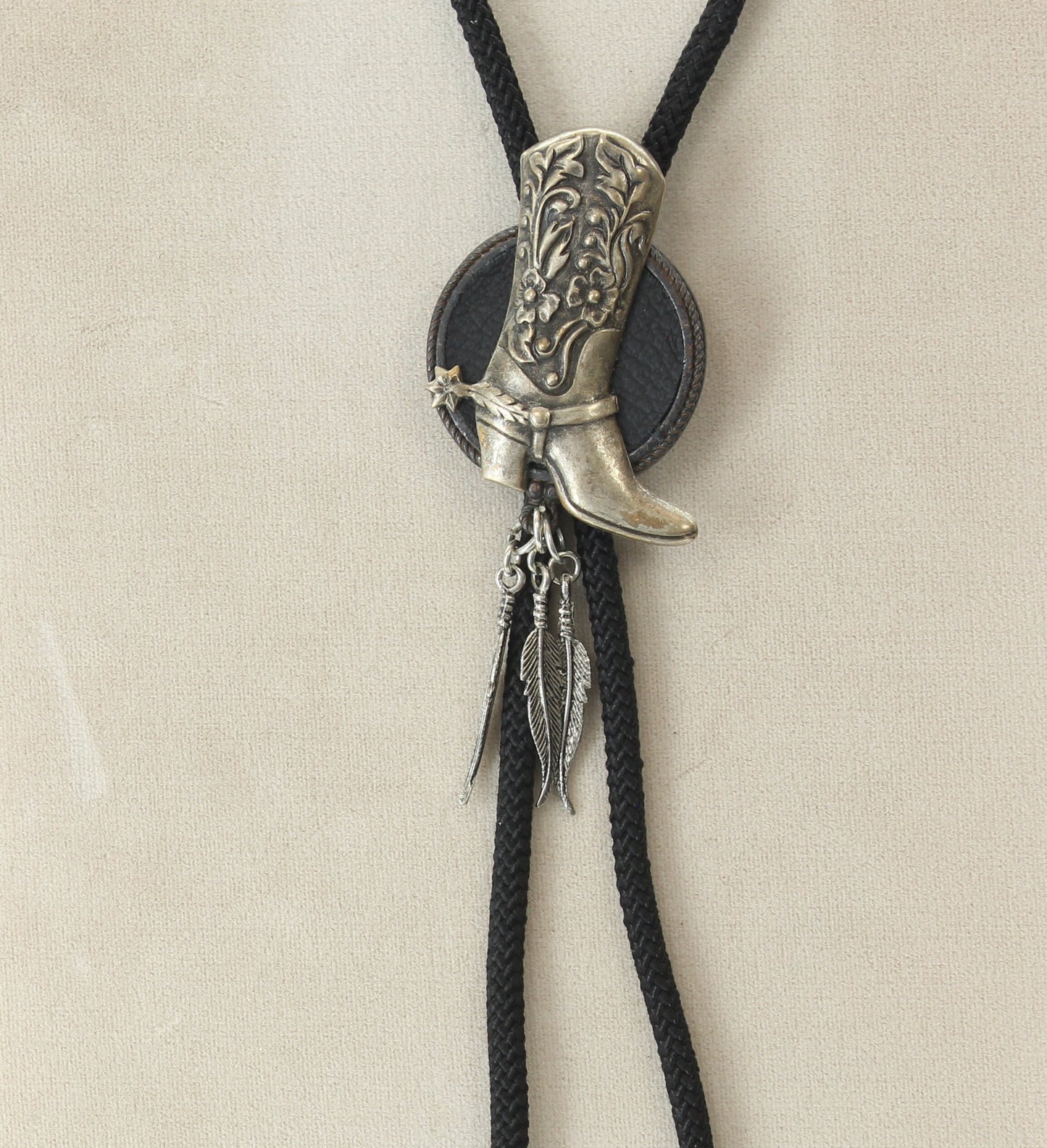 Boot with feathers Bolo Tie, boot charm , black Cord, made in USA