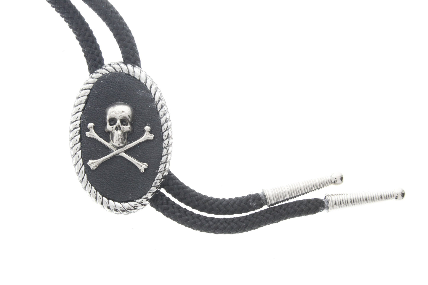 Skull & Bones Bolo Tip , antique Silver on 36" black cord with tips, made in USA, each