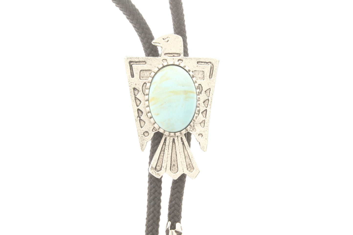 Thunderbird Phoenix Bolo Tie with Turquoise stone, antique silver , silver plate tips, Black cord 56mm, Made in USA, Each