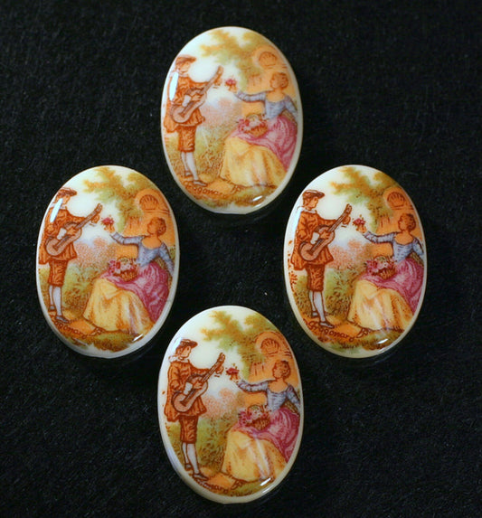 German Plastic Porcelain Decal Painting - Rococo (Scene 2) Oval 25x18MM ON CHALKWHITE BASE