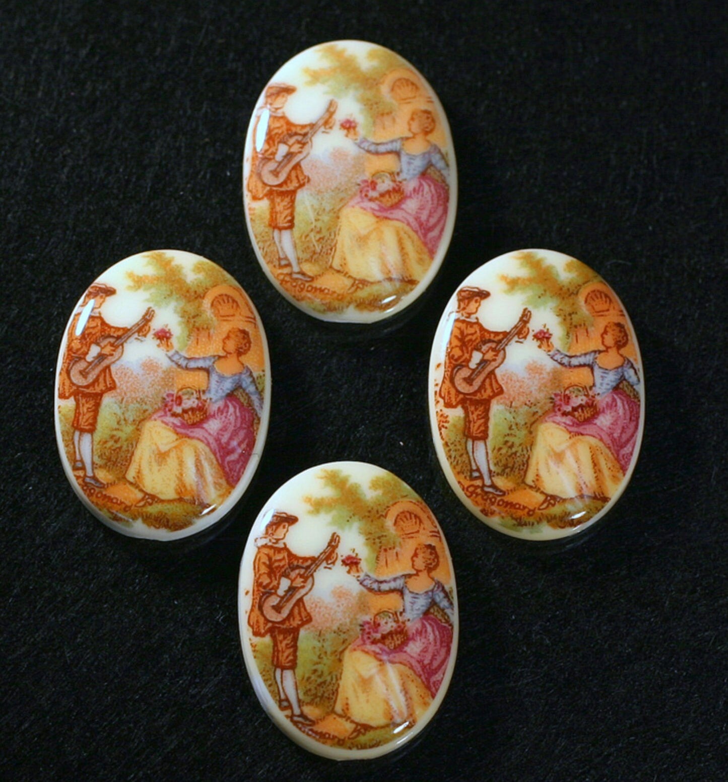 German Plastic Porcelain Decal Painting - Rococo (Scene 2) Oval 25x18MM ON CHALKWHITE BASE