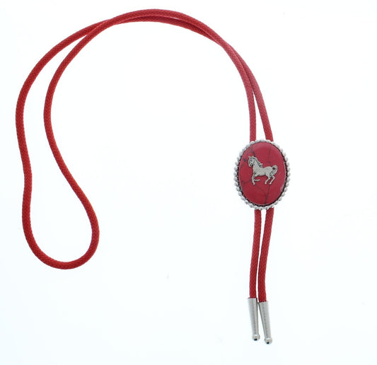 Western Bolo Tie, Pony charm.  Faux  red turquoise Antique Silver, 36" cor red, silver tips, Made in USA  each
