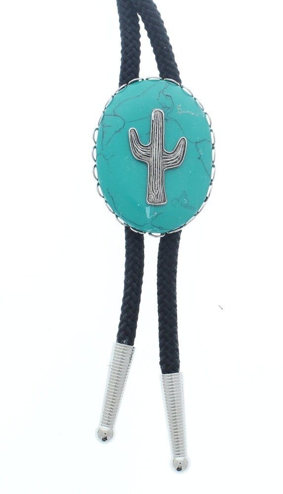 Western Bolo Tie, Faux turquoise Antique Silver, 36" cord in black, Made in USA each