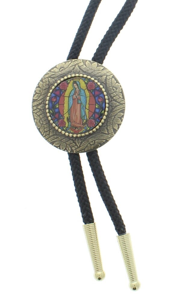 Western Bolo Tie, Virgin De Guadelupe image, resin, and Antique Brass, 1.75" black cord,