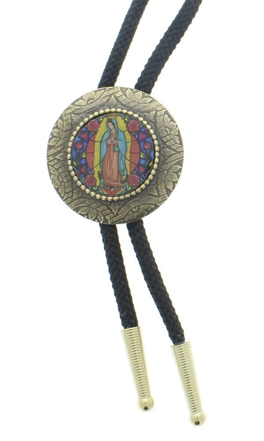 Western Bolo Tie, Virgin De Guadelupe image, resin, and Antique Brass,  1.75" black cord,