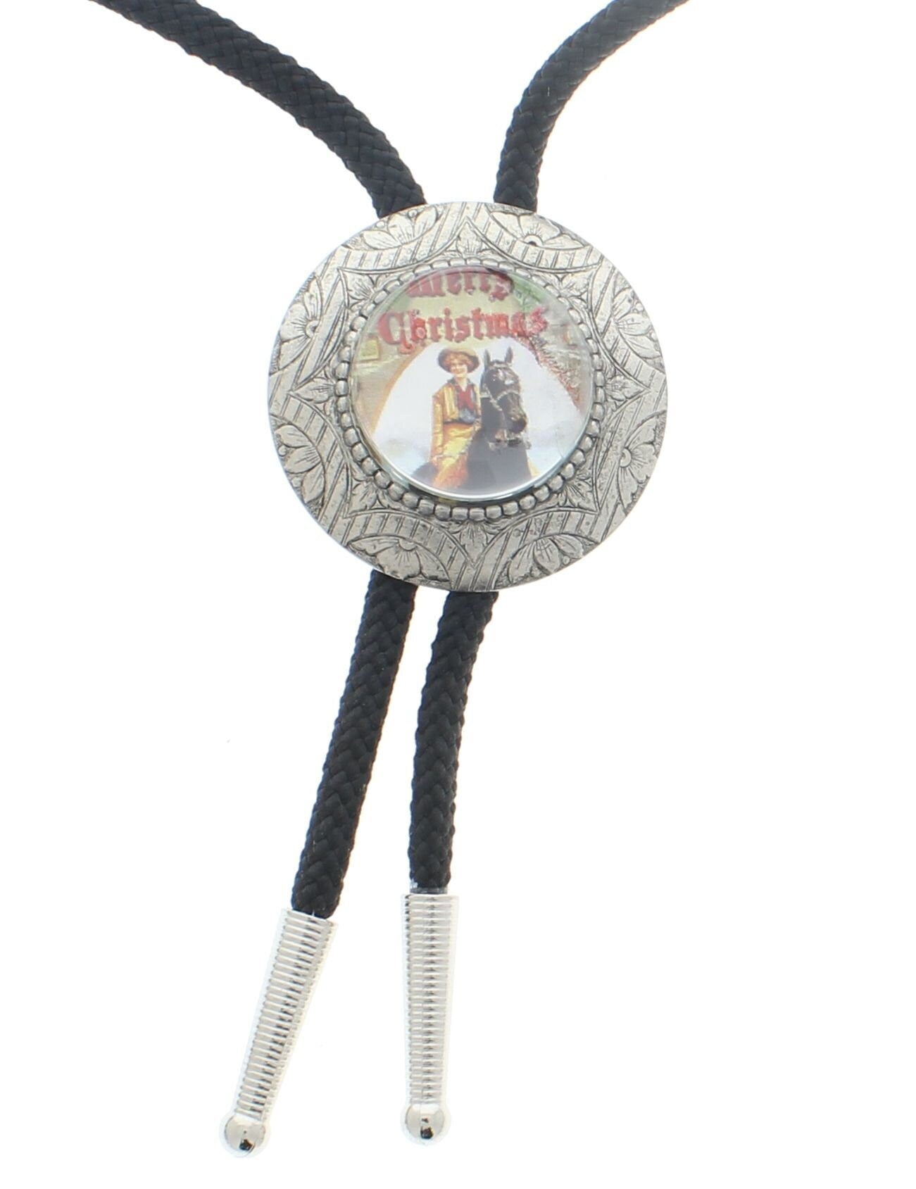 cowgirl bolo Tie on 36" Cord with silver plate tips, Antique silver