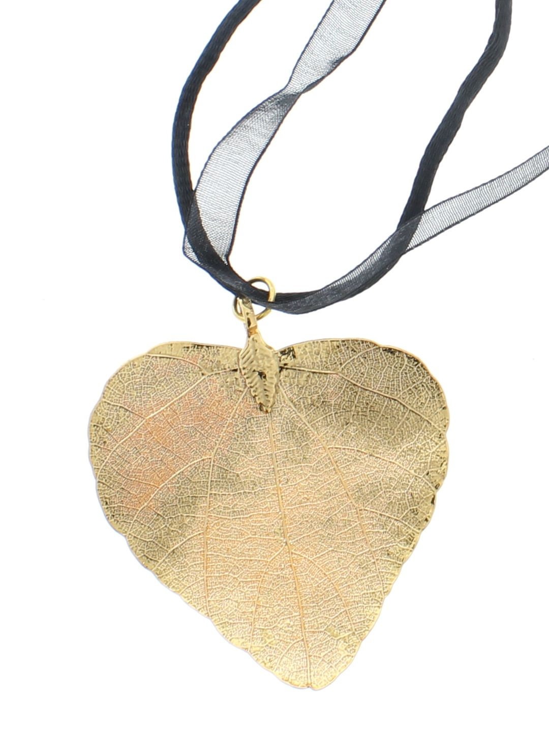 Gold plated leaf necklace, 2" , satin ribbon cord, 18" adjustable necklace