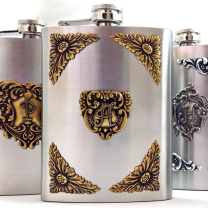 Personalized Stainless Steel Hip Flask for Liquor or other, with initial or monogram, Attached cap, vintage gold or silver accents, Each