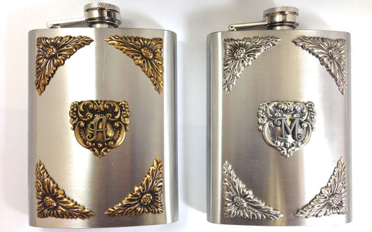 Personalized Stainless Steel Hip Flask for Liquor or other, with initial or monogram, Attached cap, vintage gold or silver accents, Each