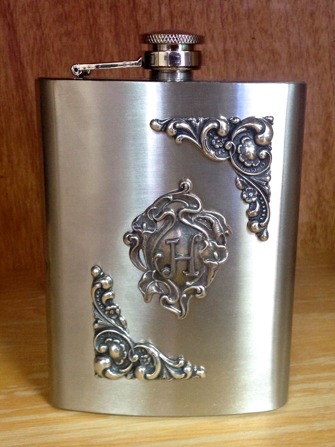 Personalized Silver Hip Flask with initial or monogram, vintage gold and silver, Each