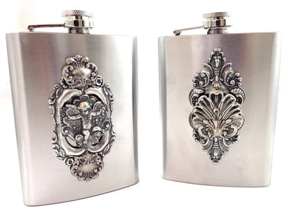 Vintage Inspired Stainless Steel Flask, Cherub or Chippendale, vintage silver, each