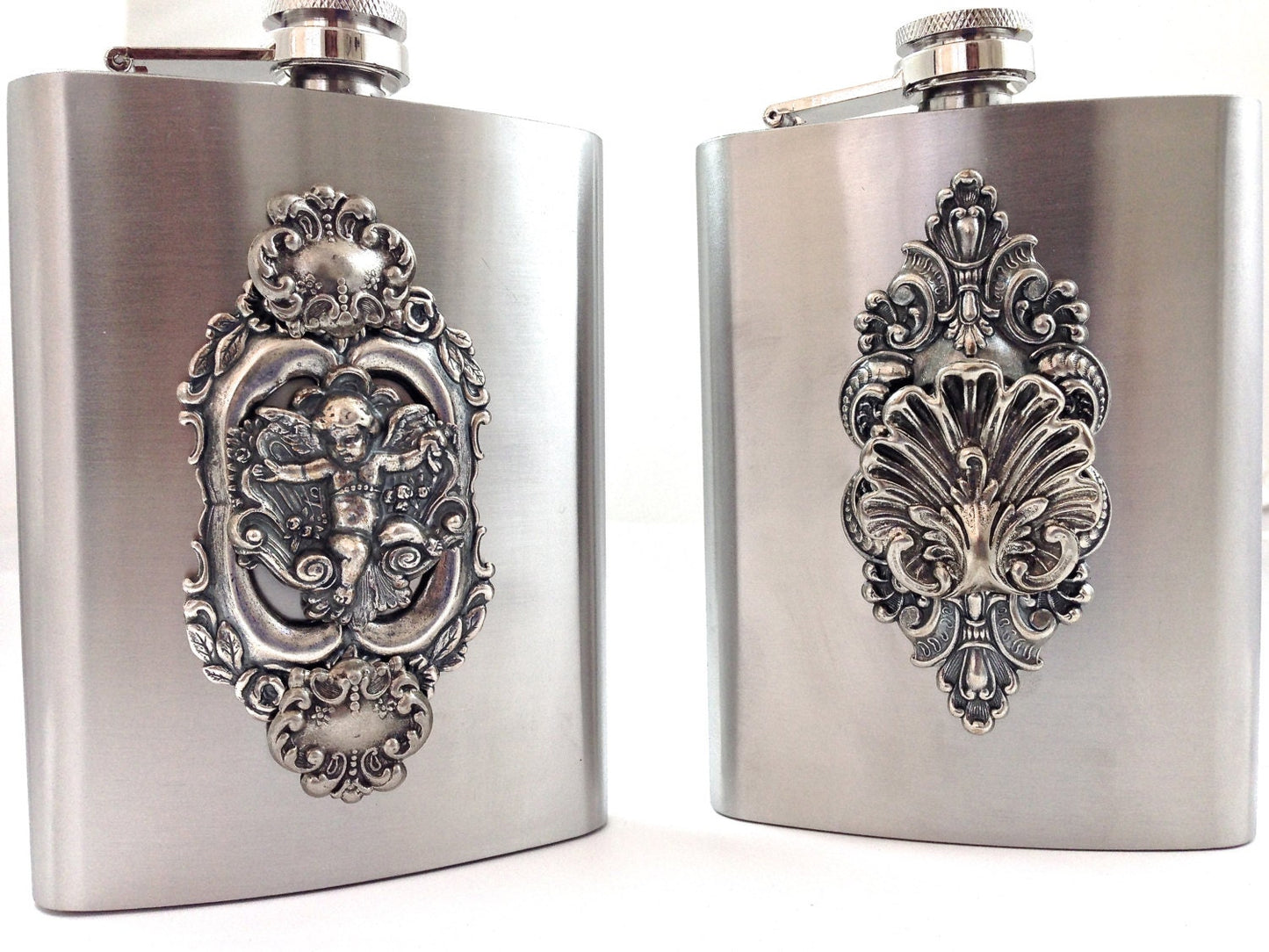 Vintage Inspired Stainless Steel Flask, Cherub or Chippendale, vintage silver, each