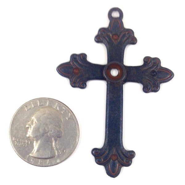 62mm French Fleur De Lis Cross Pendants with 6mm bezel, rustic finish, Pack of 3