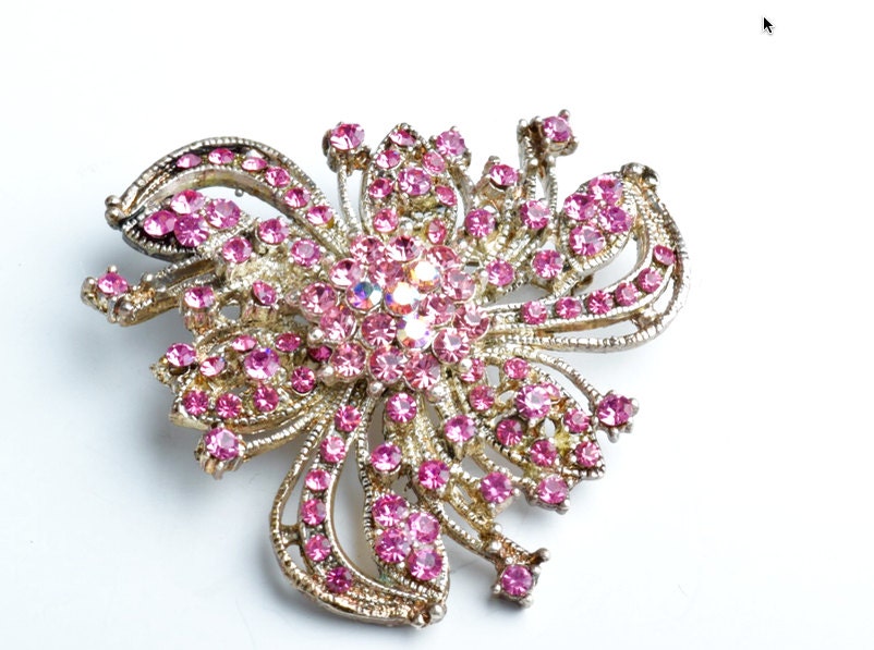 Vintage Crystal Flower Brooch, Light Rose Pink color, each