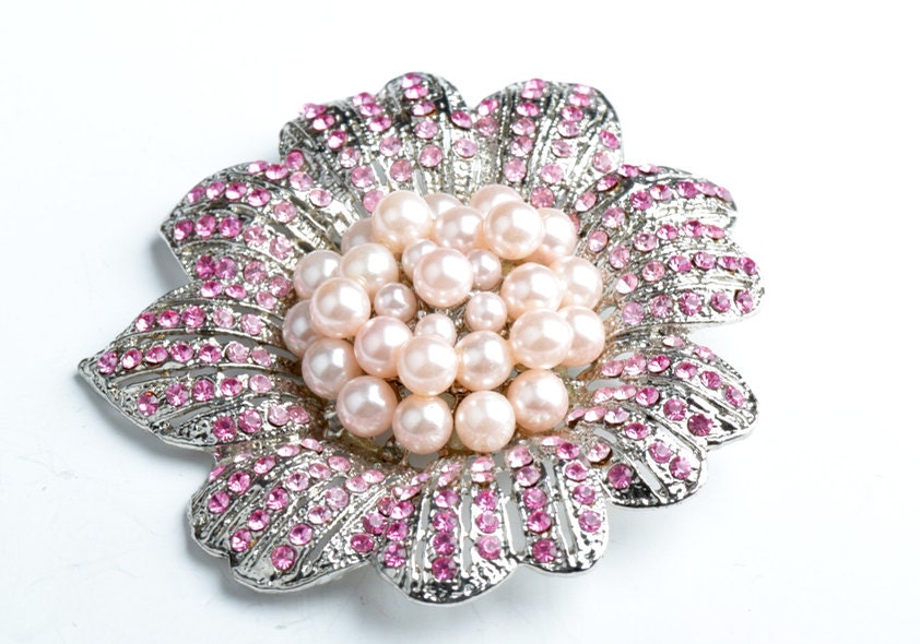 Vintage Crystal and Pearl Flower Pin or Brooch Vintage Pendant ,50mm, Rose Pink AB Crystals, Each