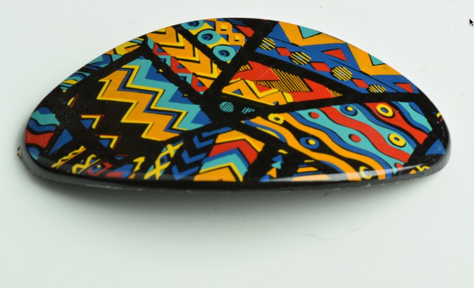 DIY Barrett Cover in Geometric Red, Orange and Turquoise Fiesta colors on Black, 3.75 oval, Pack of 3