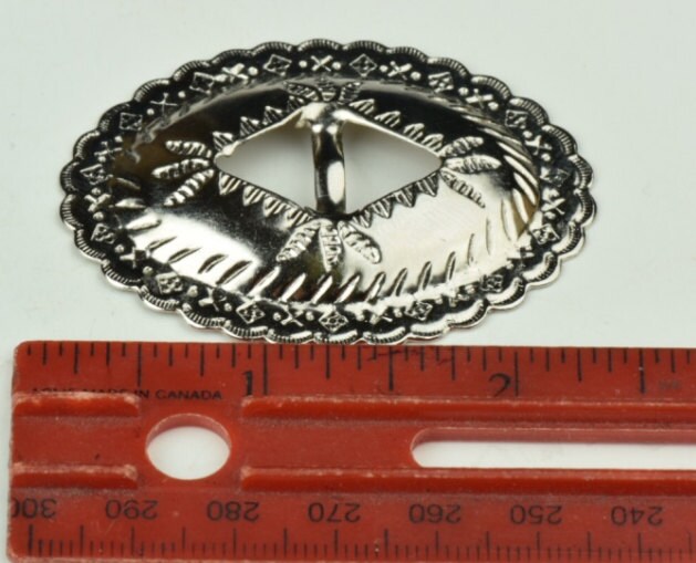 Silver Belt Concho for leather strap, braid, chain and fabric. Etched Native American Stamped Design, Oval Stamped Metal, pack of 6 or 144