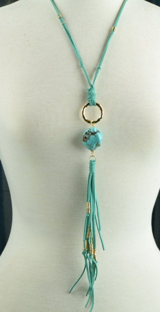 Suede Leather Turquoise Tassel Pendant Necklace, each