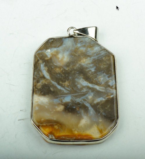 Brown Agate Pendant, octagon in silver metal bezel with bail, handmade, each