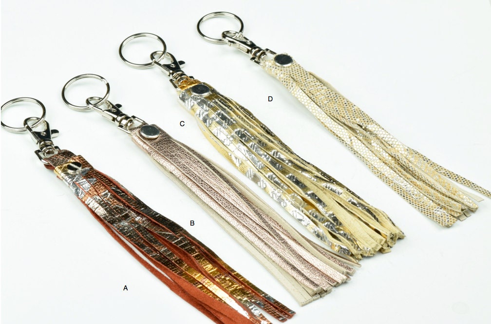 Leather metalic Purse Keychain tassel five inches, sold by each and by color