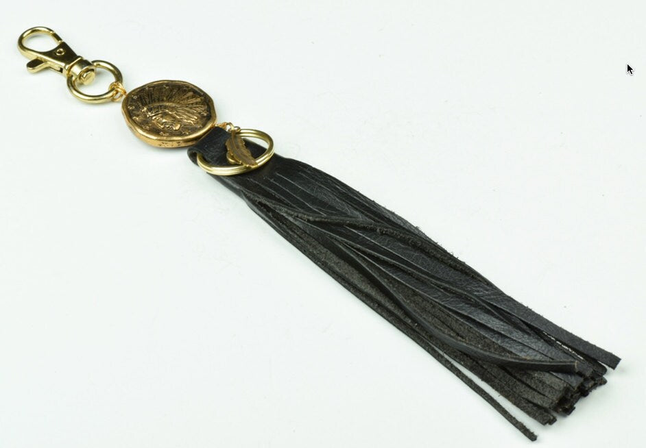 Leather Purse Keychain in antique gold with black leather tassel, 10 inch length, each