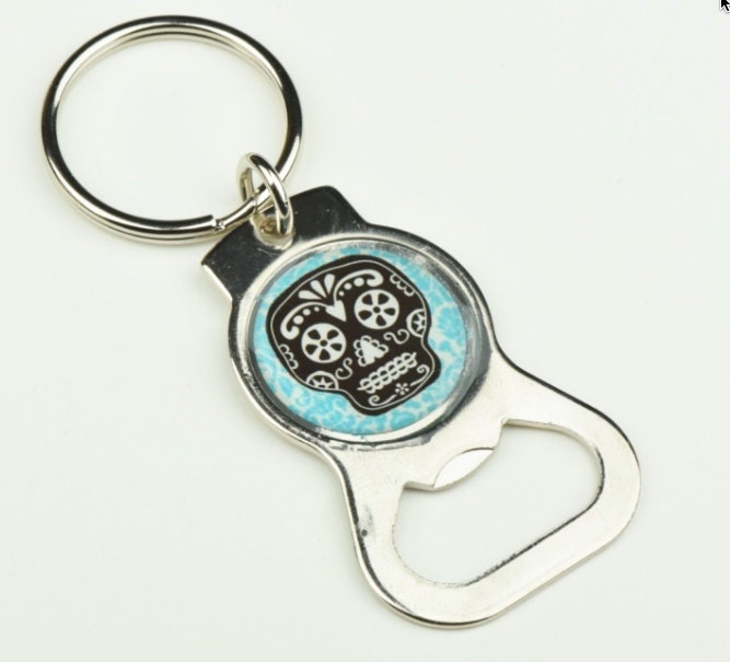 Sugar Skull Custom Keychain and bottle opener, turquoise and black, each