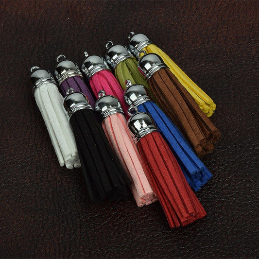 Leather Suede Tassels, Pink, Black, Blue, White, Red, Purple, Brown, 56mm long, cap with loop, sold by color, each
