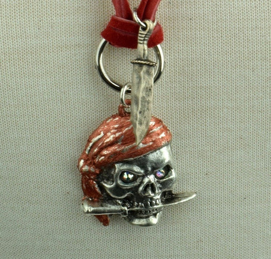 Pirate Skull Pendant Necklace with Knife, classic silver on 24" red sueded leather, Made in USA, each