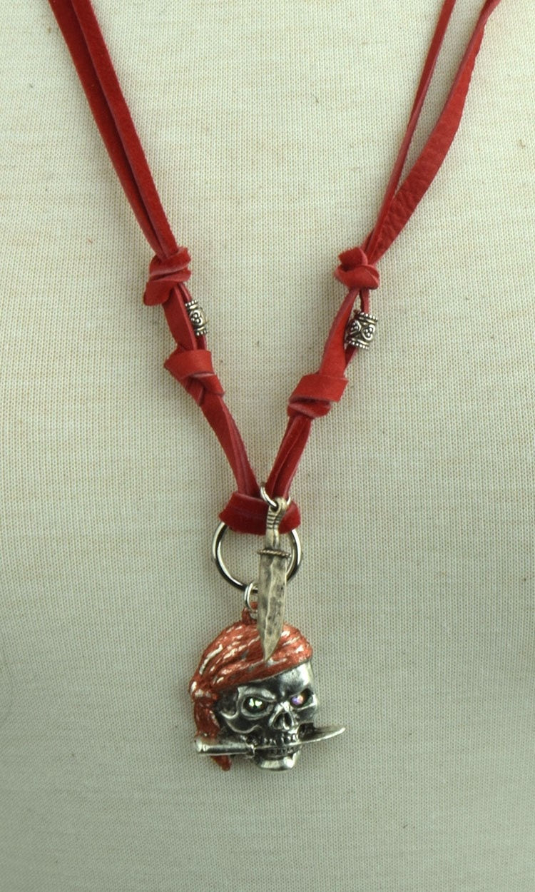 Pirate Skull Pendant Necklace with Knife, classic silver on 24" red sueded leather, Made in USA, each