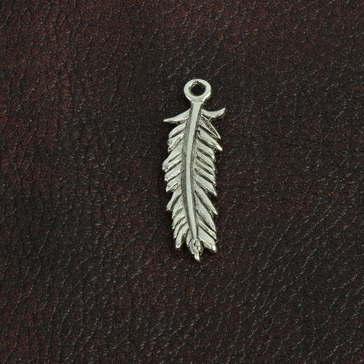 Silver Feather Charm, 38mm, antique silver over zinc cast, Made in USA, pack of 12