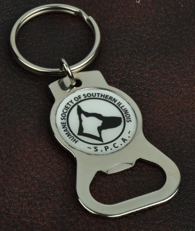 Custom Logo Photo Keychains with bottle opener, silver plate, bezel for embellishment, 12 each